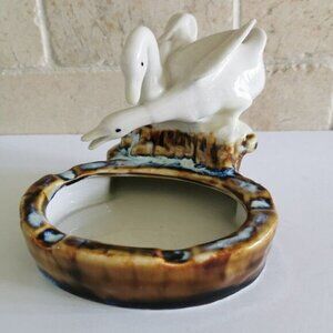 Vintage Pair of Geese Ceramic Drip Glaze Ashtray, MCM Birds Tobacciana